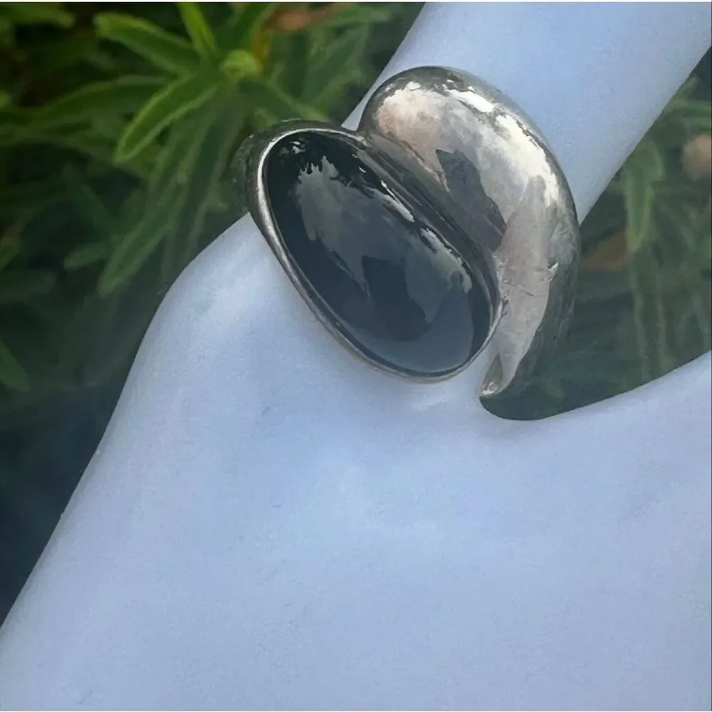 Sterling Silver Sculptural Ring with Black Cabochon